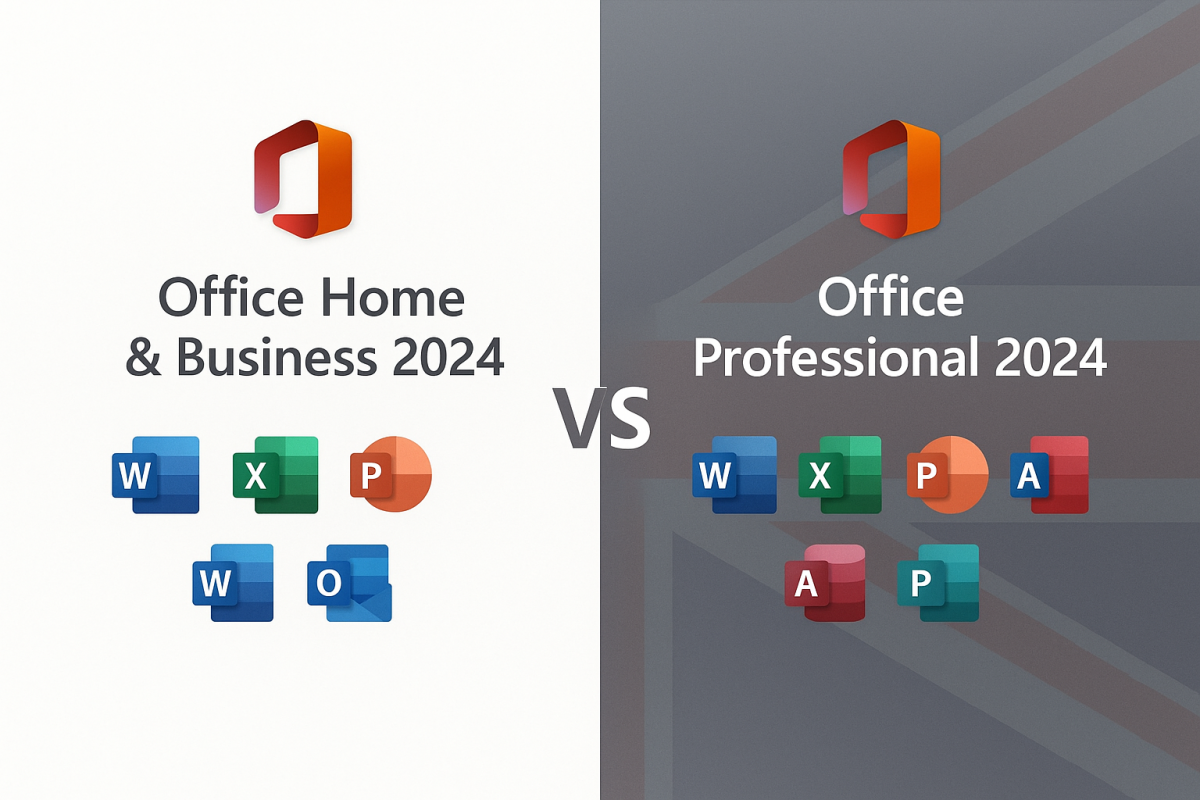 Microsoft Office Home & Business 2024 vs Office Professional 2024 UK comparison graphic