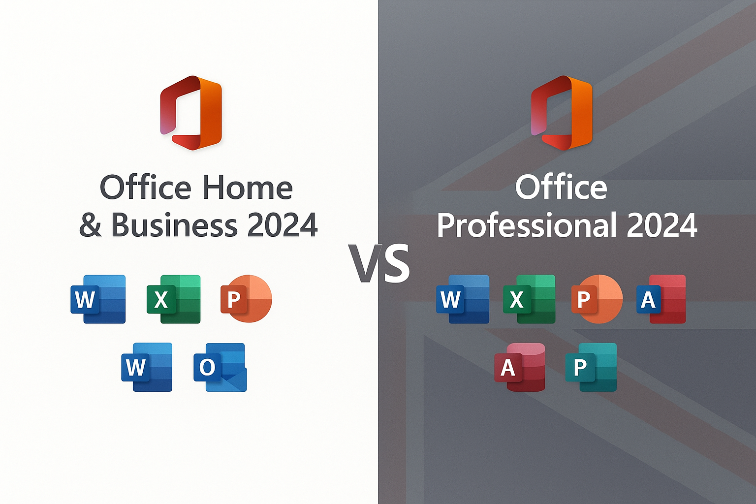 Microsoft Office Home & Business 2024 vs Office Professional 2024 UK comparison graphic