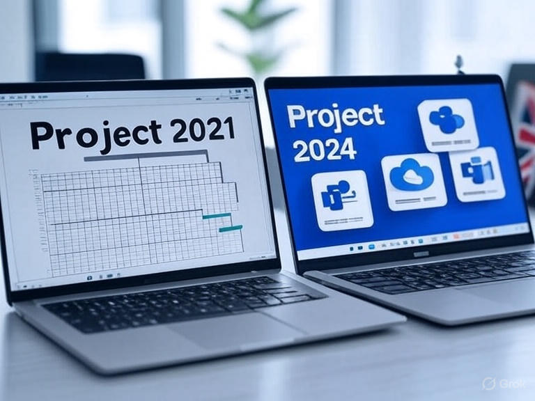 Microsoft Project 2021 vs 2024 comparison graphic for UK businesses