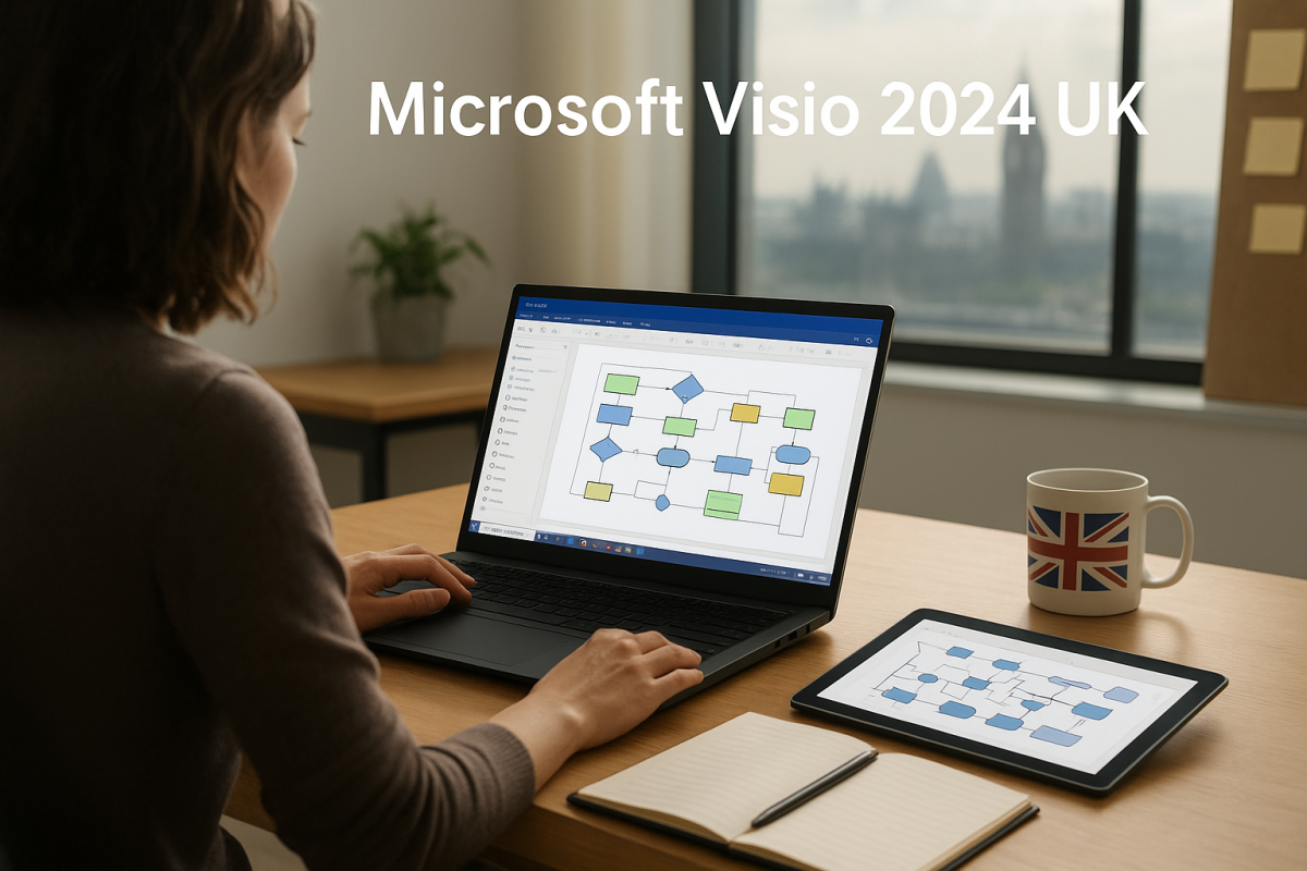 A woman working on Microsoft Visio 2024 on a laptop in a modern UK office, designing colorful flowcharts with a Union Jack mug and London skyline in the background.