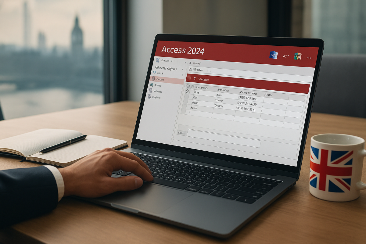 A professional woman working on a laptop, comparing Microsoft Visio Standard and Professional 2024 in a bright, modern office setting.