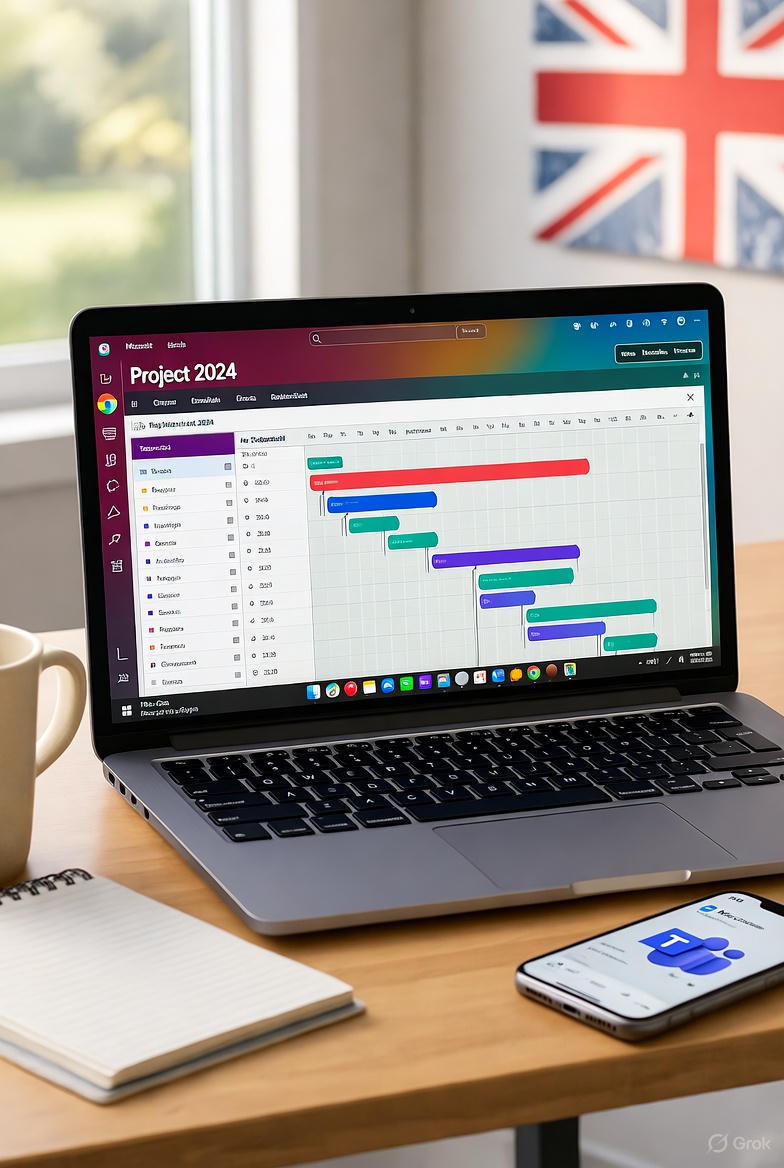 Modern UK office workspace with a laptop displaying Microsoft Project 2024 dashboard and tools for smart project management.