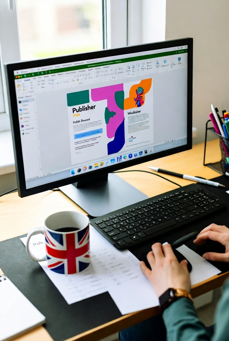 A person designing a colourful brochure in Microsoft Publisher 2024 on a laptop in a bright UK home office with papers, notepad, and a British flag mug.