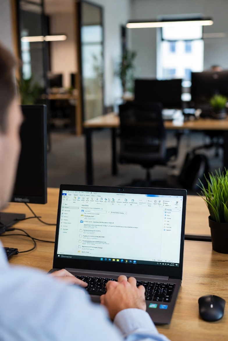 A person checking emails in Microsoft Outlook 2024 on a laptop in a bright UK office with a British flag mug, notebook, and smartphone on the desk.