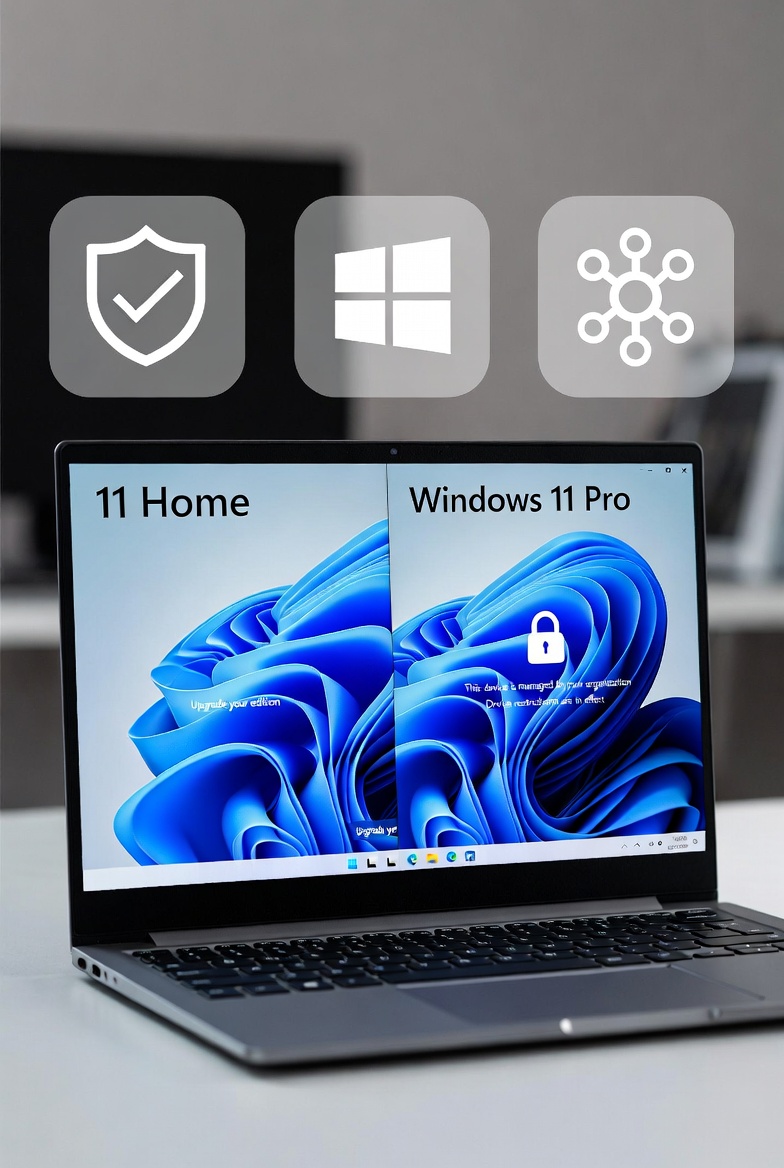 Laptop screen showing Windows 11 Home and Windows 11 Pro side-by-side with security and remote access icons in a UK office setting.