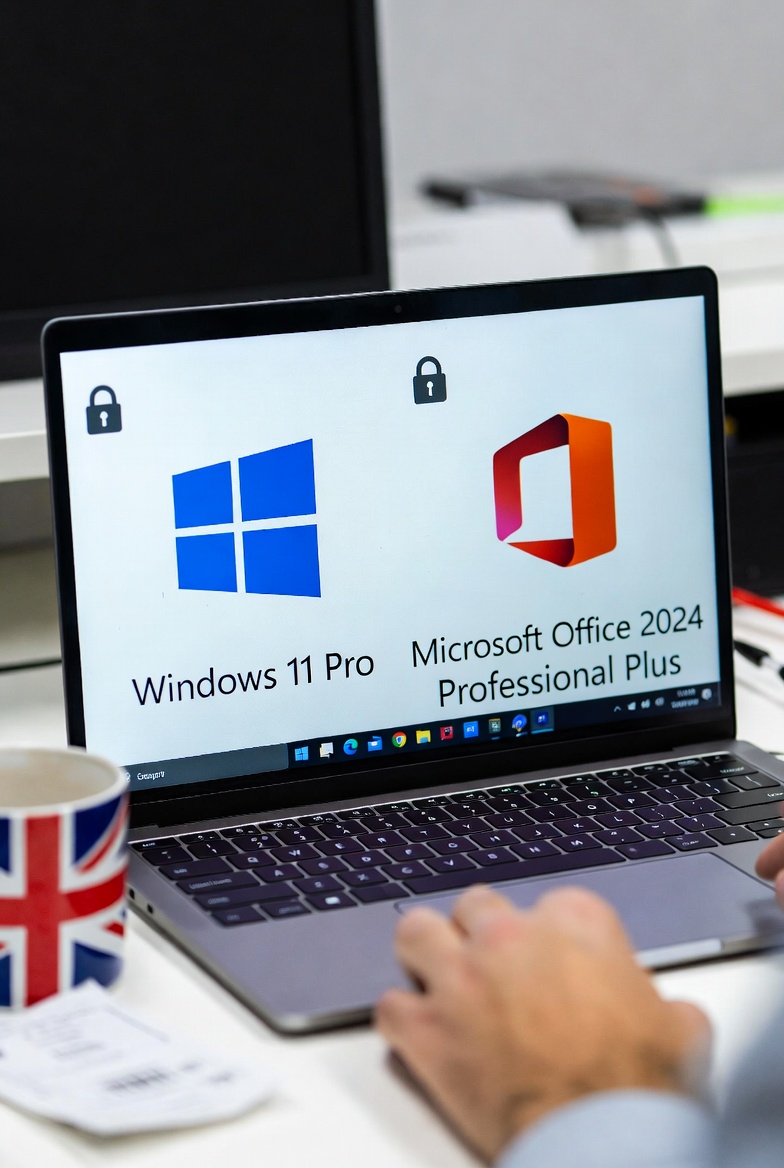 Illustration of a UK guide showing how to spot genuine Microsoft product keys with a checklist, laptop activation screen, and icons for Windows 11 Pro and Office 2024.