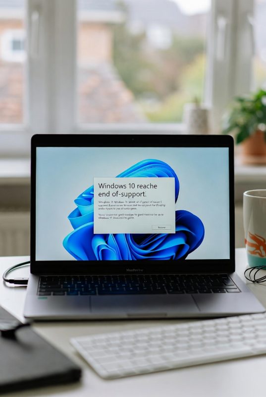 Windows 10 end of support notification on a laptop screen in a UK home office, showing upgrade path to Windows 11