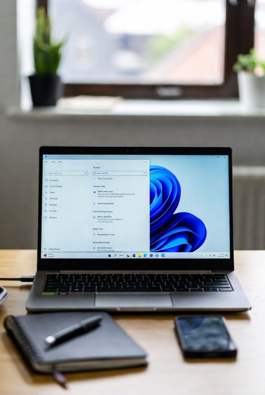 Small business workspace using Windows 11 Pro on a laptop in a modern UK office environment
