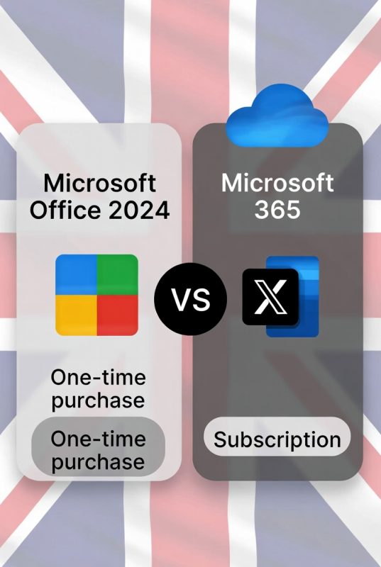Comparison between Microsoft Office 2024 and Microsoft 365 subscription options for UK users