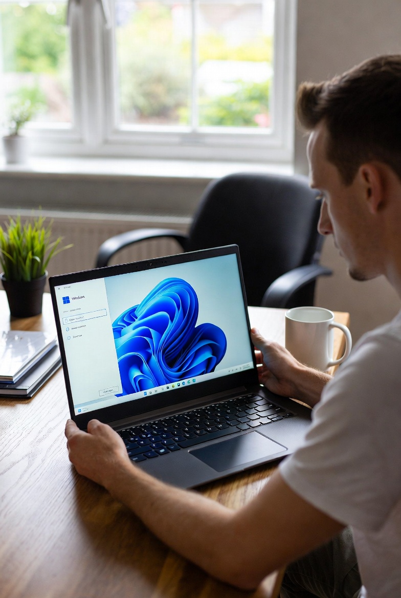 Person upgrading a laptop from Windows 10 to Windows 11 in a modern UK home office environment