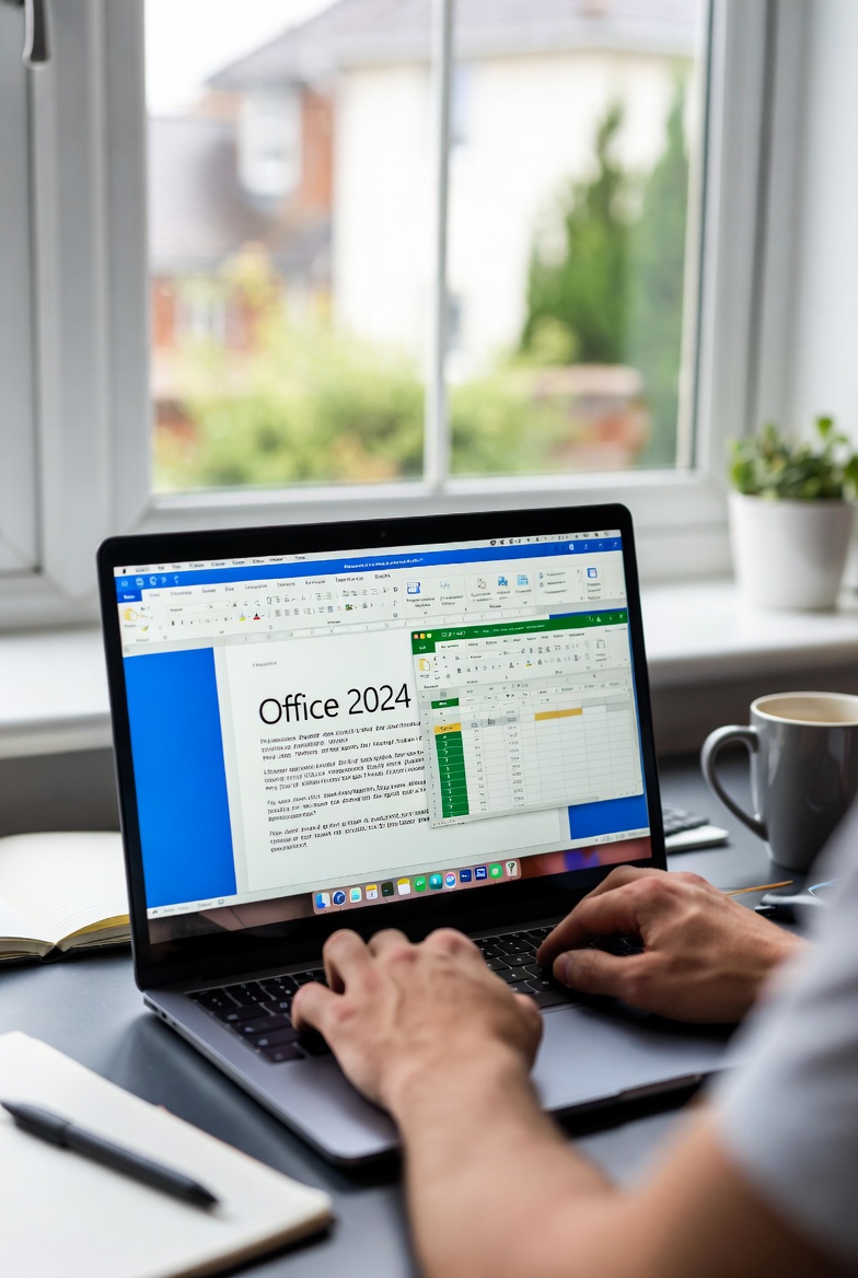 Person using Microsoft Office 2024 apps like Word and Excel on a laptop in a modern home office