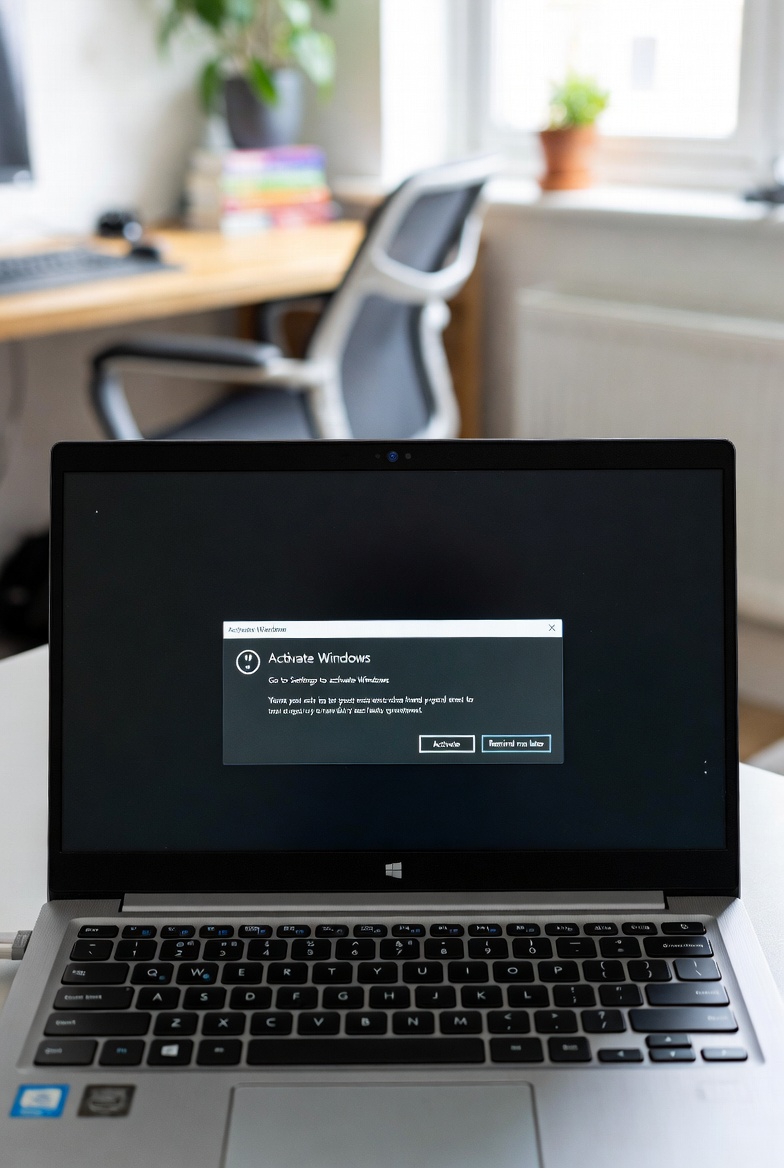 Laptop showing a Windows activation error message in a modern home office environment