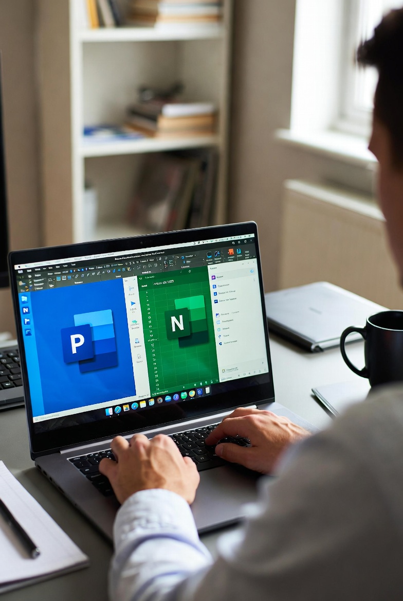 Person using Microsoft Office 2024 Word and Excel apps on a laptop in a modern home office