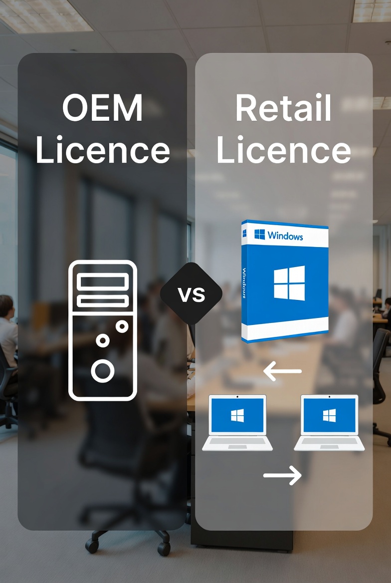 Comparison between OEM and Retail Windows licence options in a modern office environment