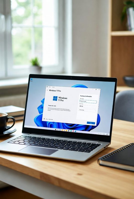 Person purchasing a genuine Windows 11 Pro key online using a laptop in a modern home office