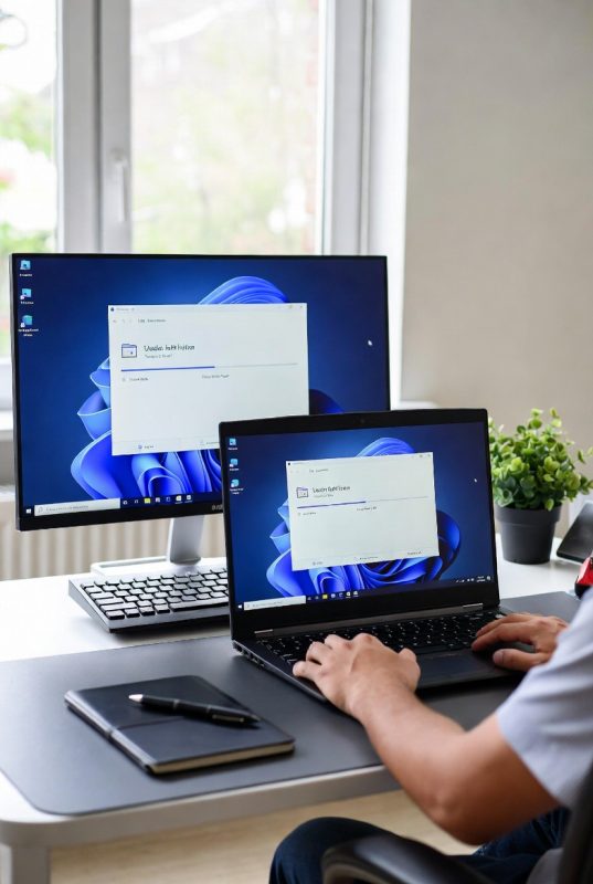Person transferring a Windows licence while setting up a new laptop in a modern home office