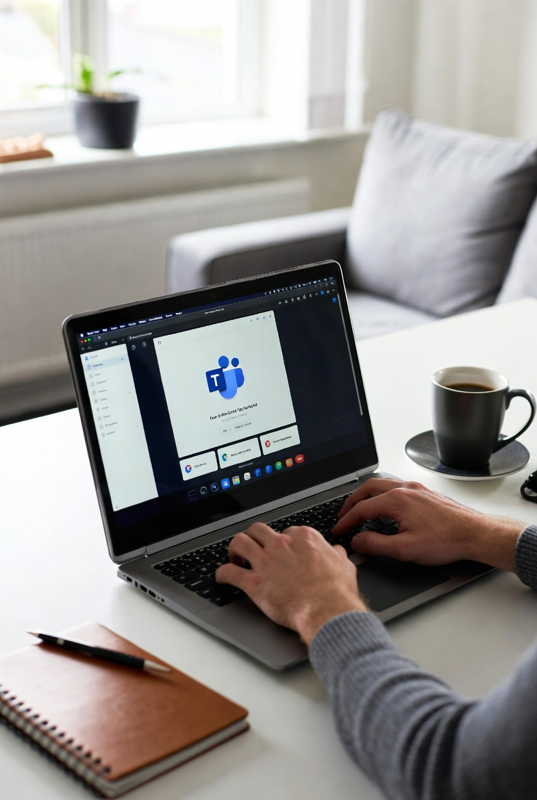 Person working remotely using Microsoft software on a laptop in a modern home office