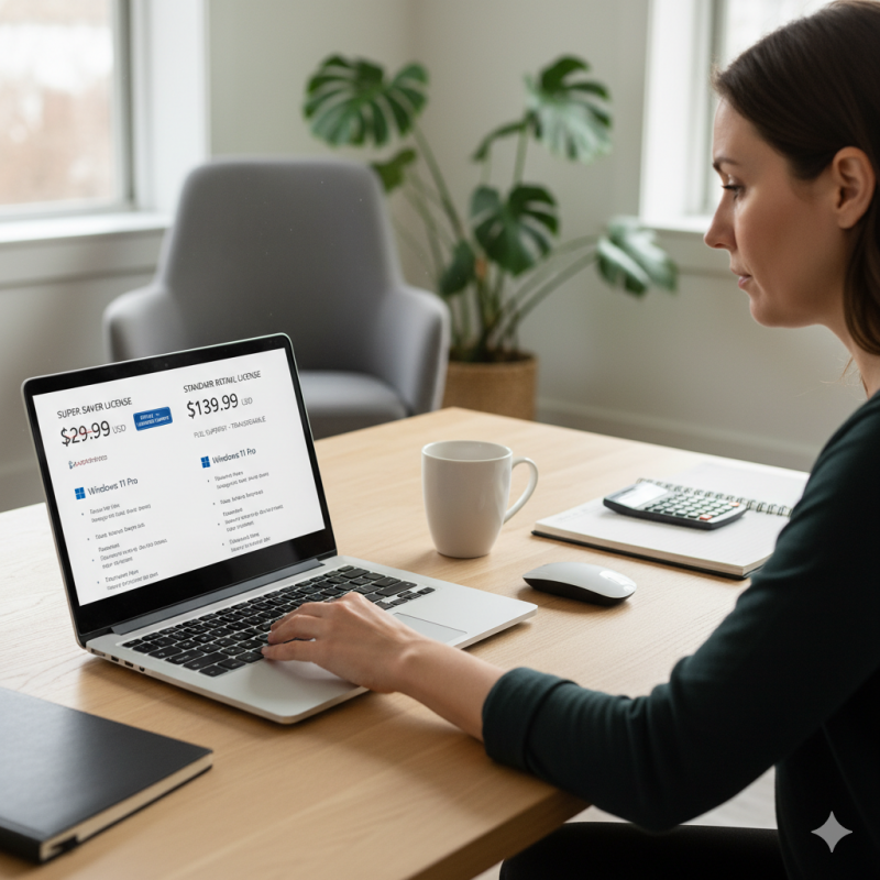 Person comparing cheap and standard Windows licence prices on a laptop in a home office