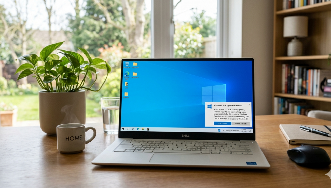 Laptop showing Windows 10 with end of support notification in home office