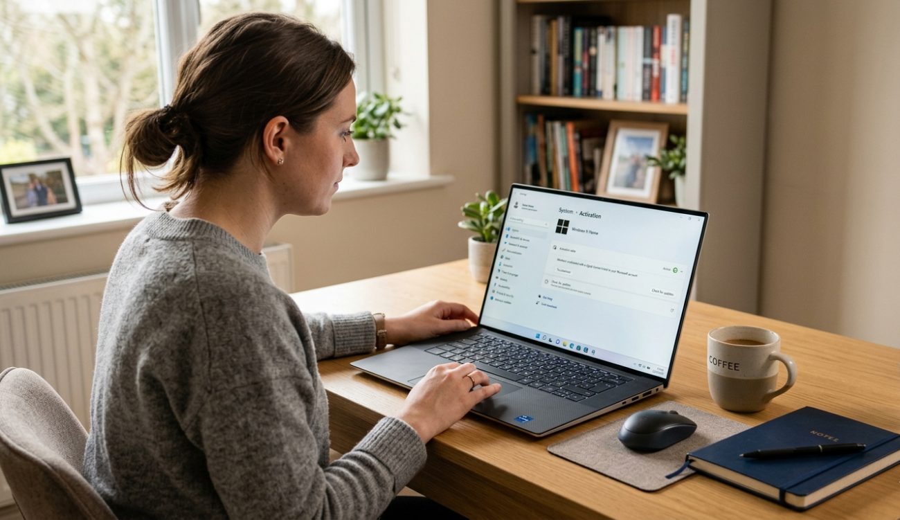 Person checking Windows activation status on laptop in home office