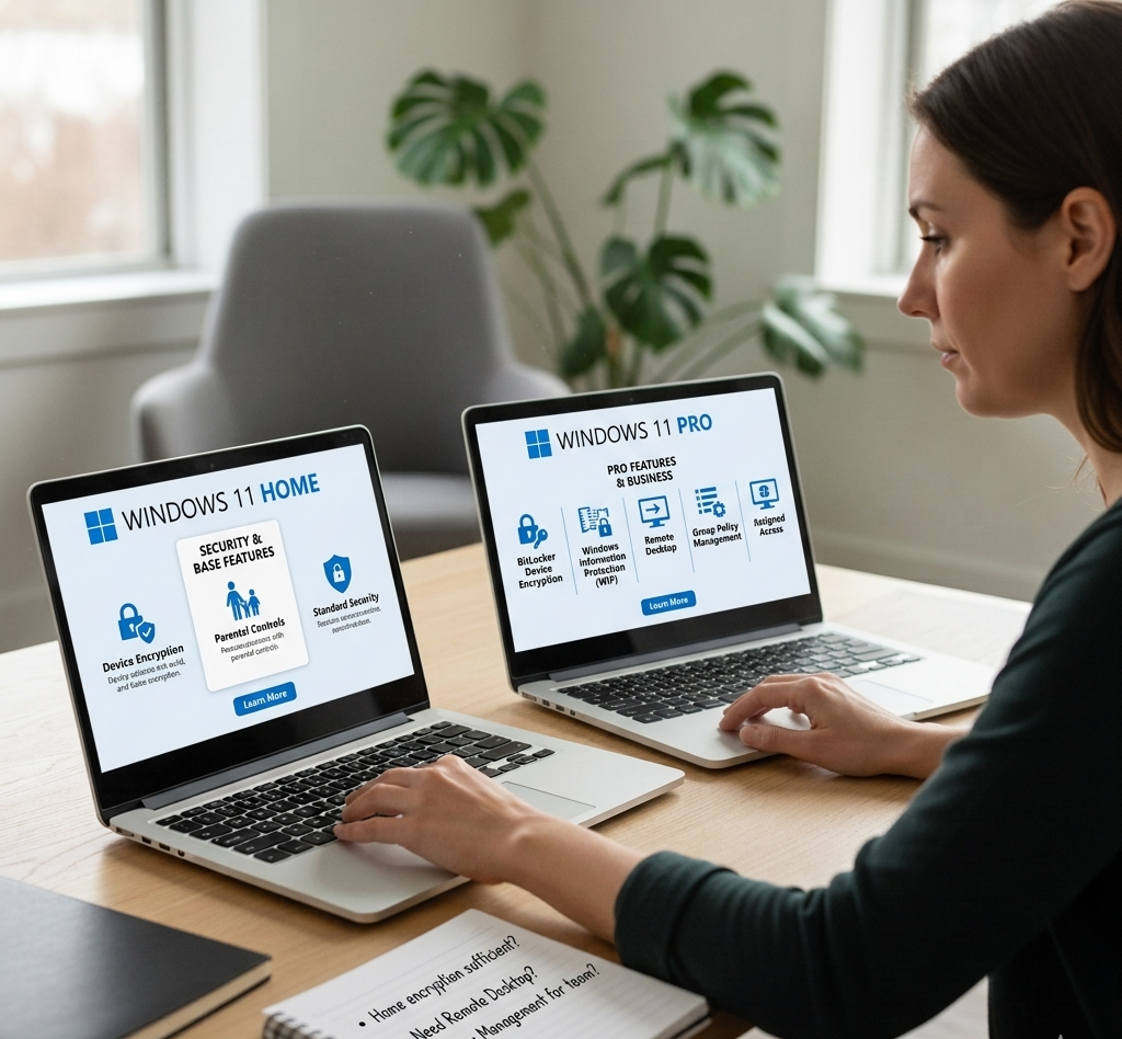 Comparison between Windows 11 Home and Windows 11 Pro on two laptop screens