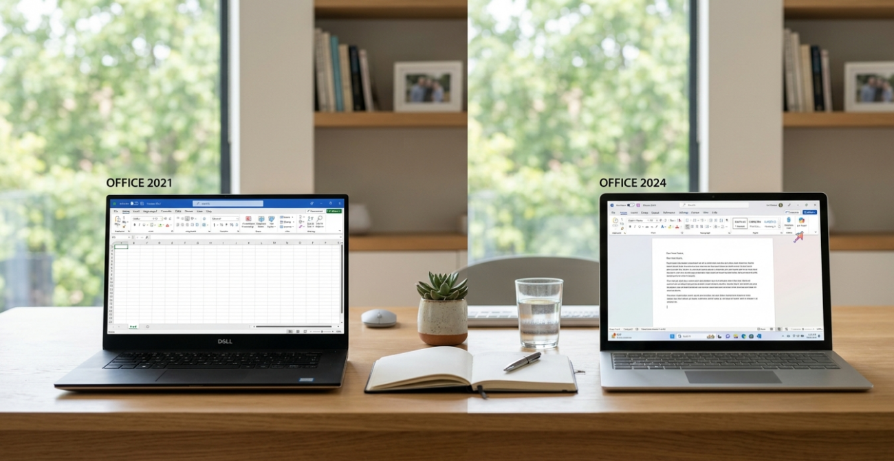 Comparison between Microsoft Office 2021 and Office 2024 on laptop screens