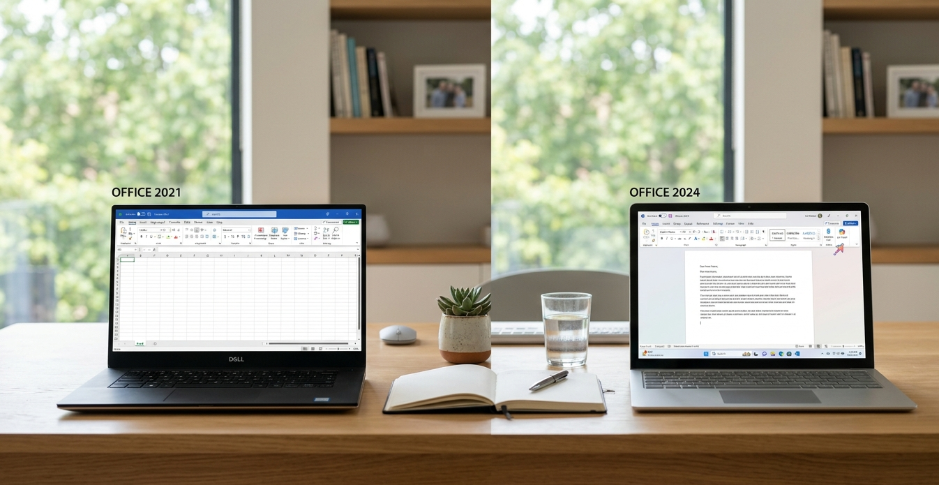 Comparison between Microsoft Office 2021 and Office 2024 on laptop screens
