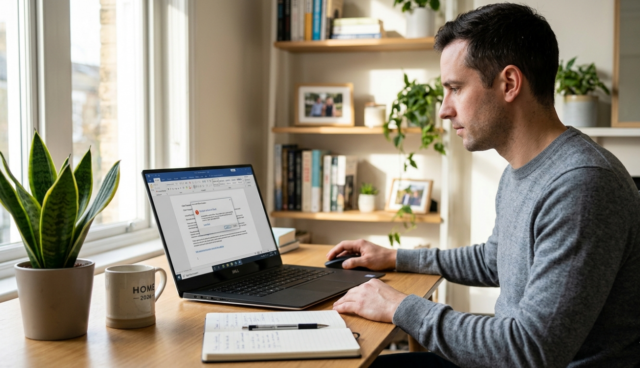 User fixing Microsoft Office activation error on laptop in home office