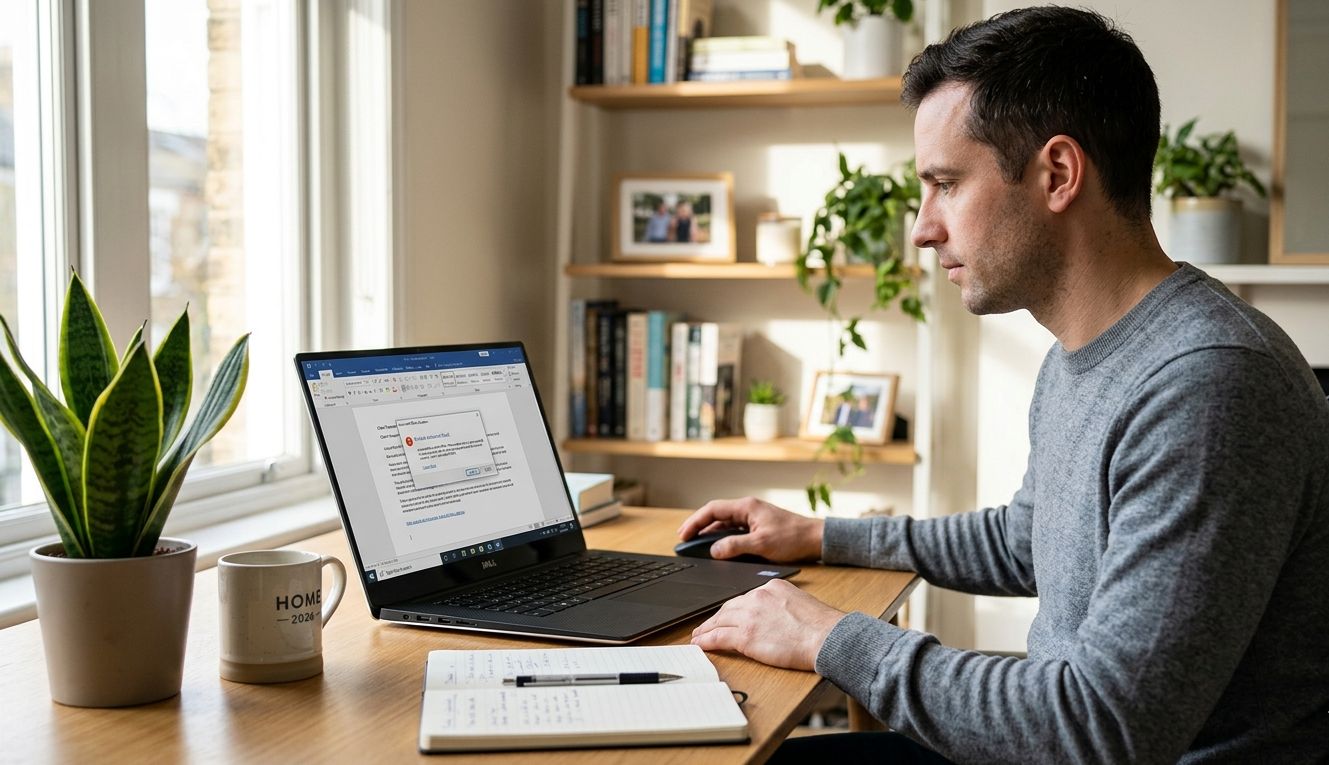 User fixing Microsoft Office activation error on laptop in home office