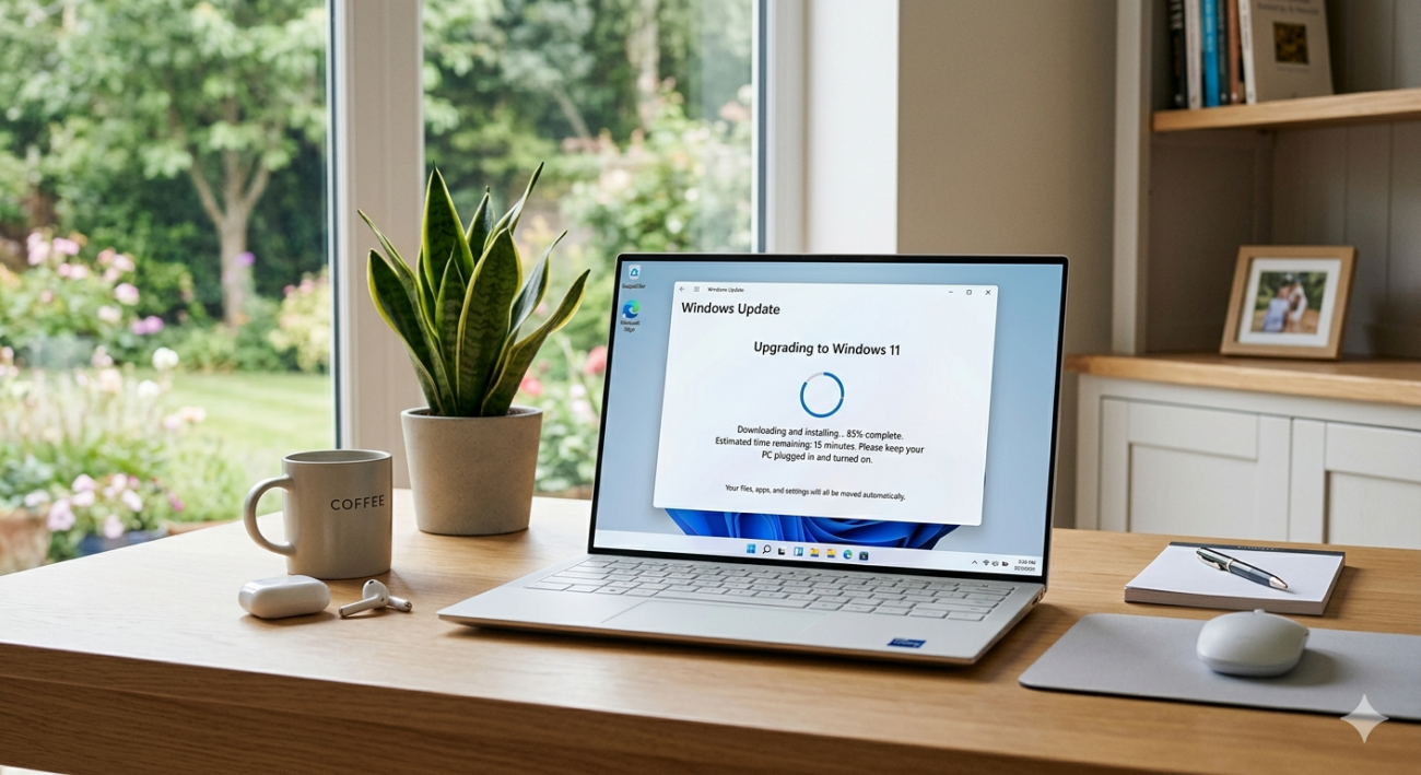 Laptop upgrading from Windows 10 to Windows 11 using Windows Update in a home office