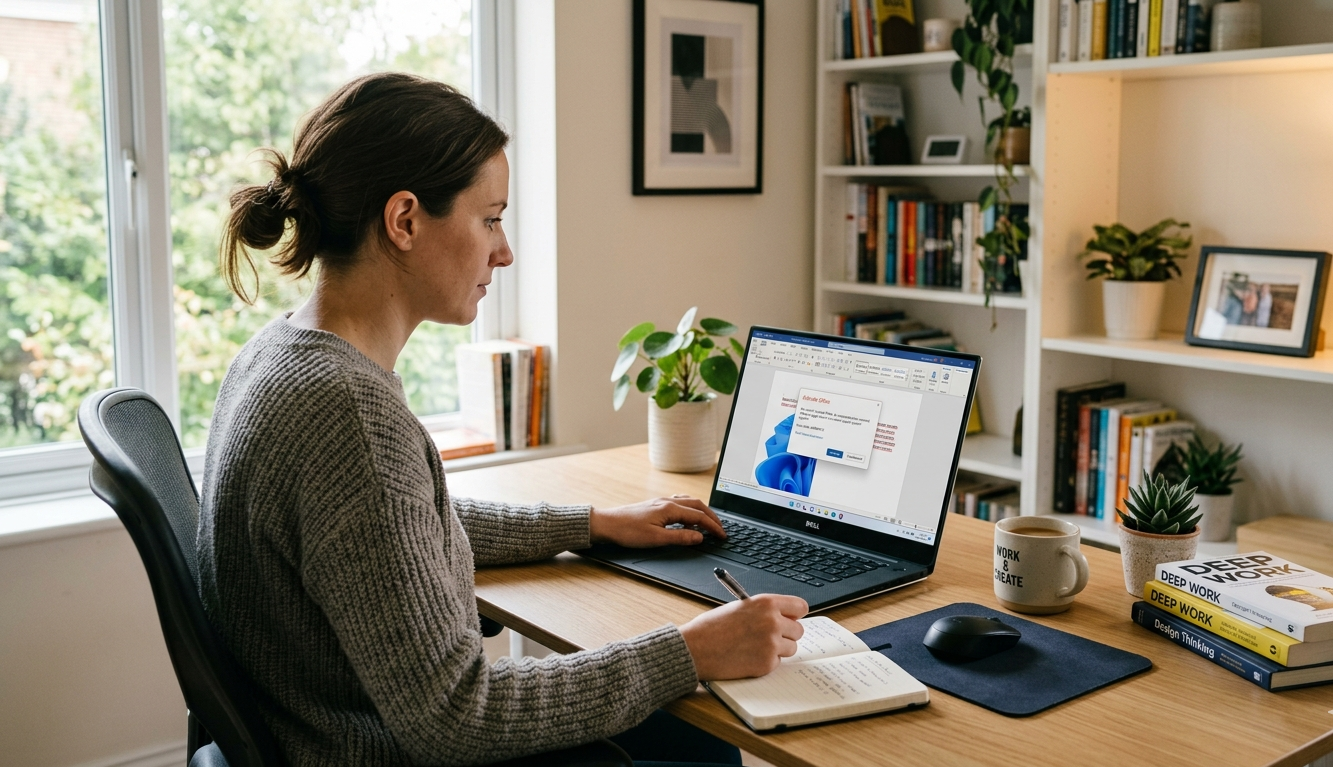 User fixing Microsoft Office activation error on laptop in home office