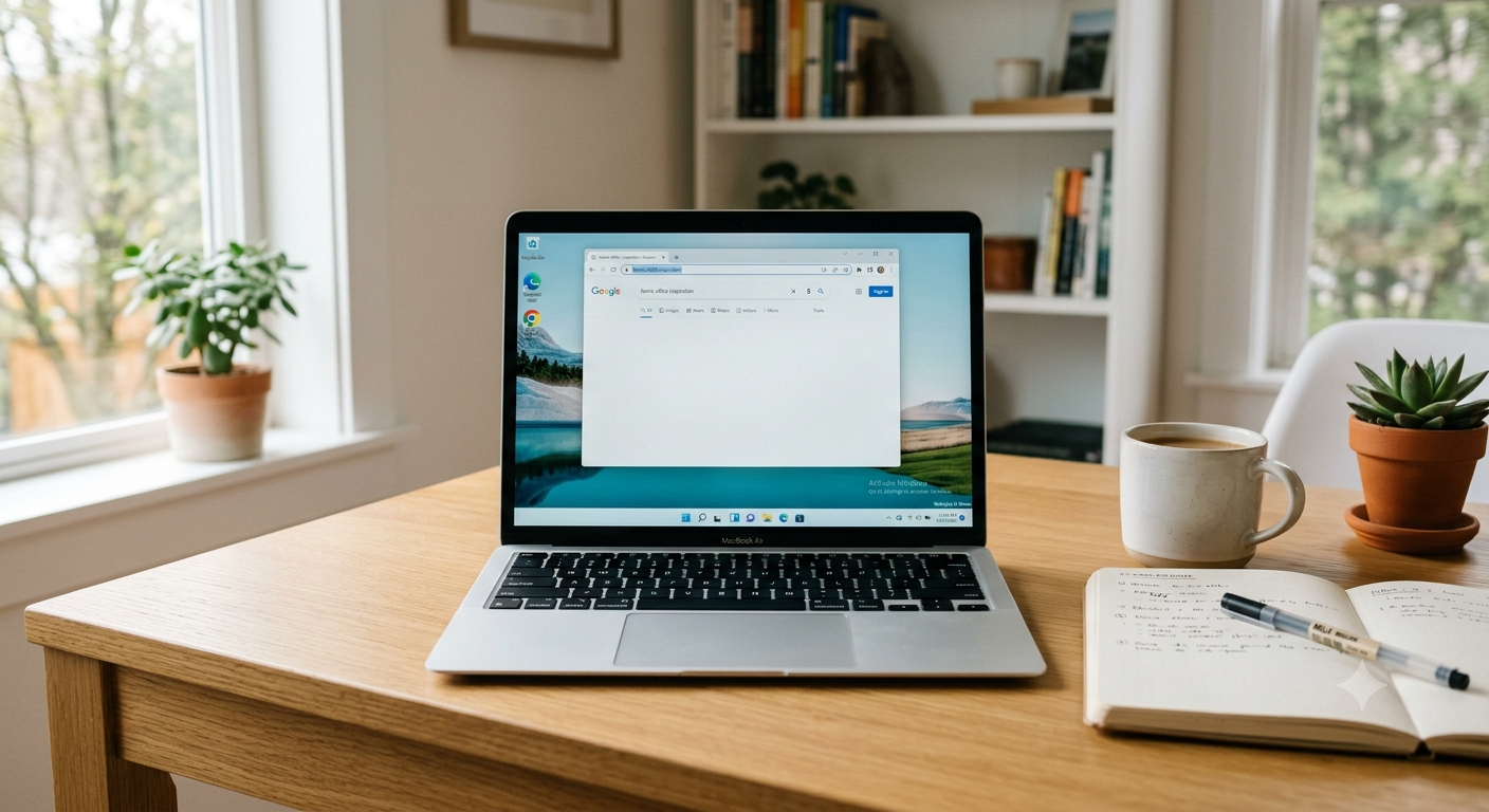 Laptop showing Activate Windows watermark on screen in modern home office