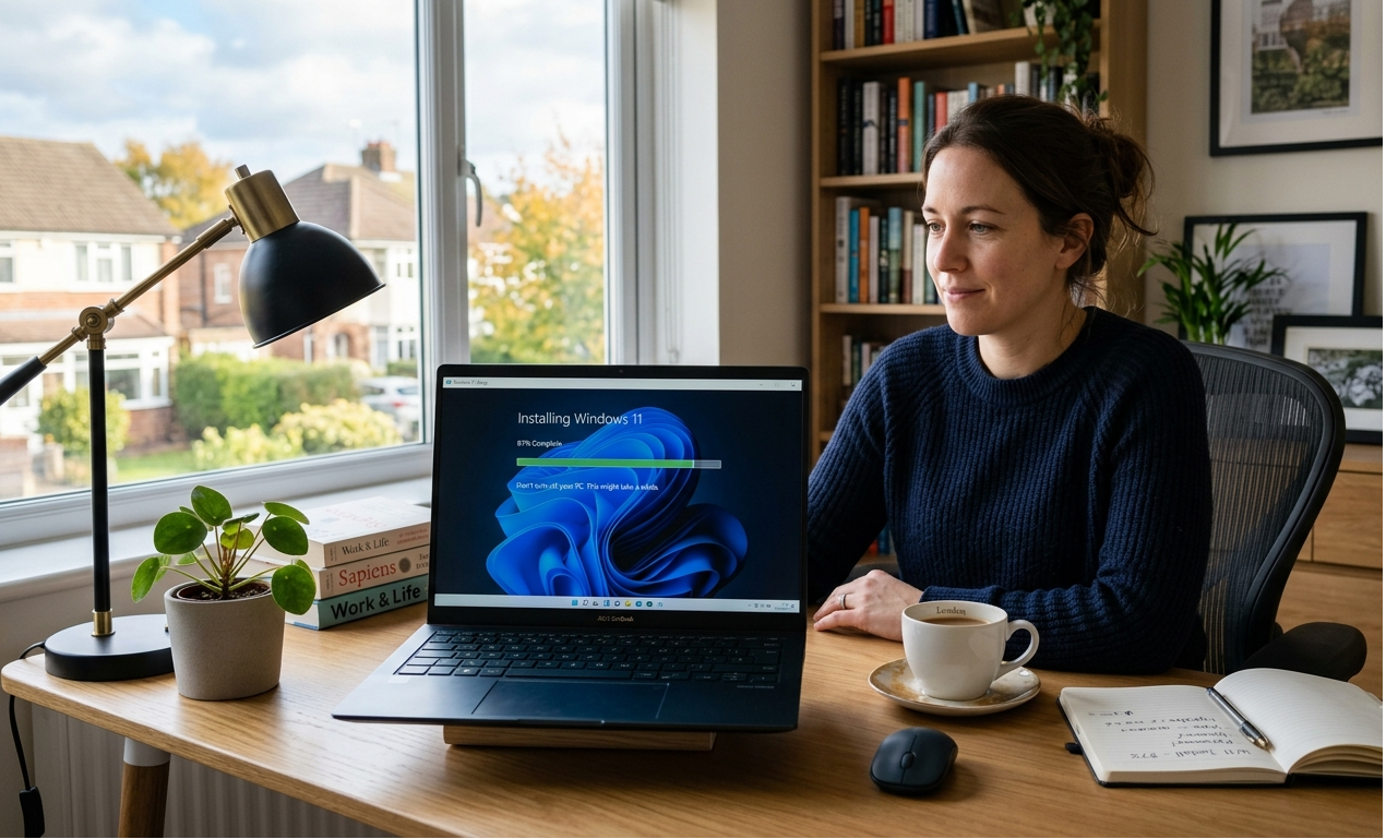 Laptop displaying a Windows 11 installation stuck during setup in a modern home office