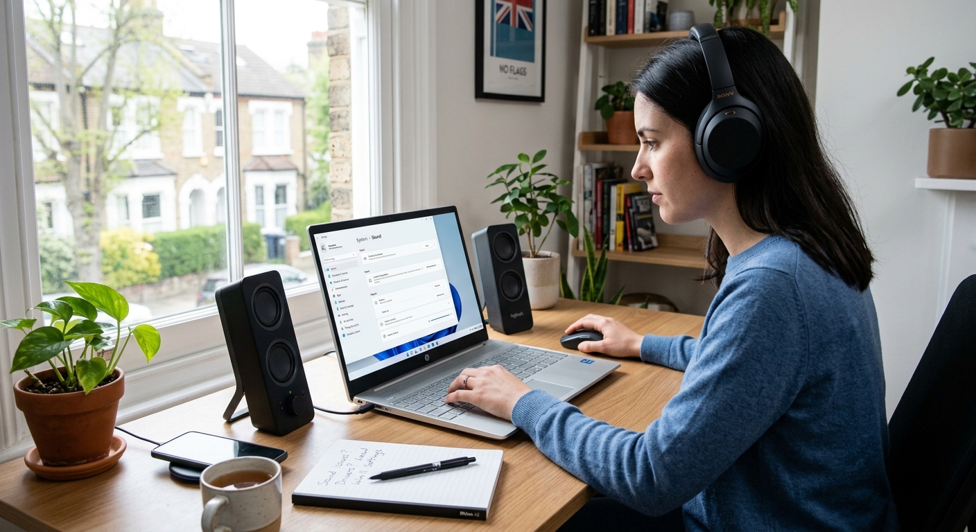 Windows 11 laptop displaying Sound settings while troubleshooting audio problems