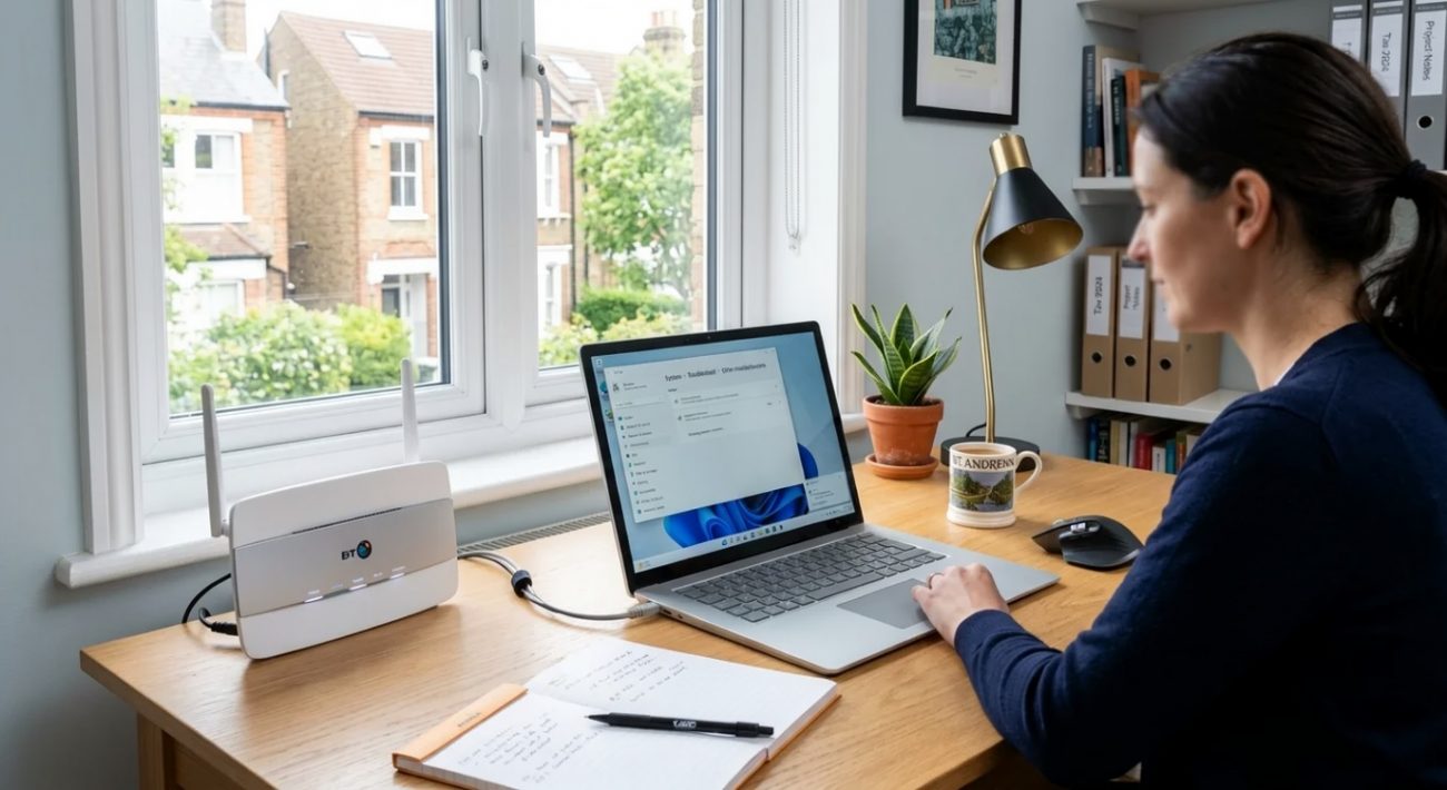 Windows 11 laptop troubleshooting Wi-Fi connection issues in a modern home office