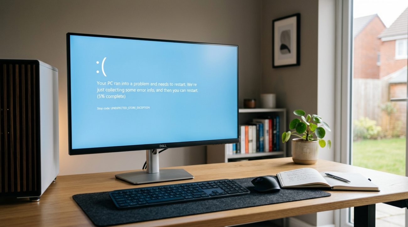 Windows 11 blue screen error displayed on a desktop computer